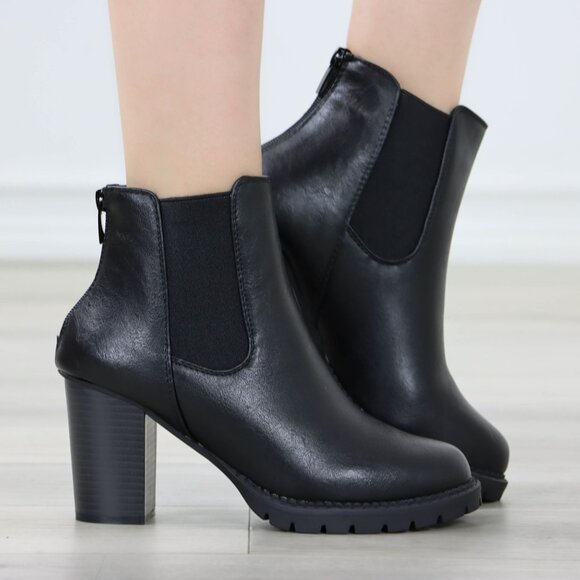 Womens Ankle Boots Lug Block Heel Black Synthetic Leather Round Toe Elastic Gore - Picture 9 of 13